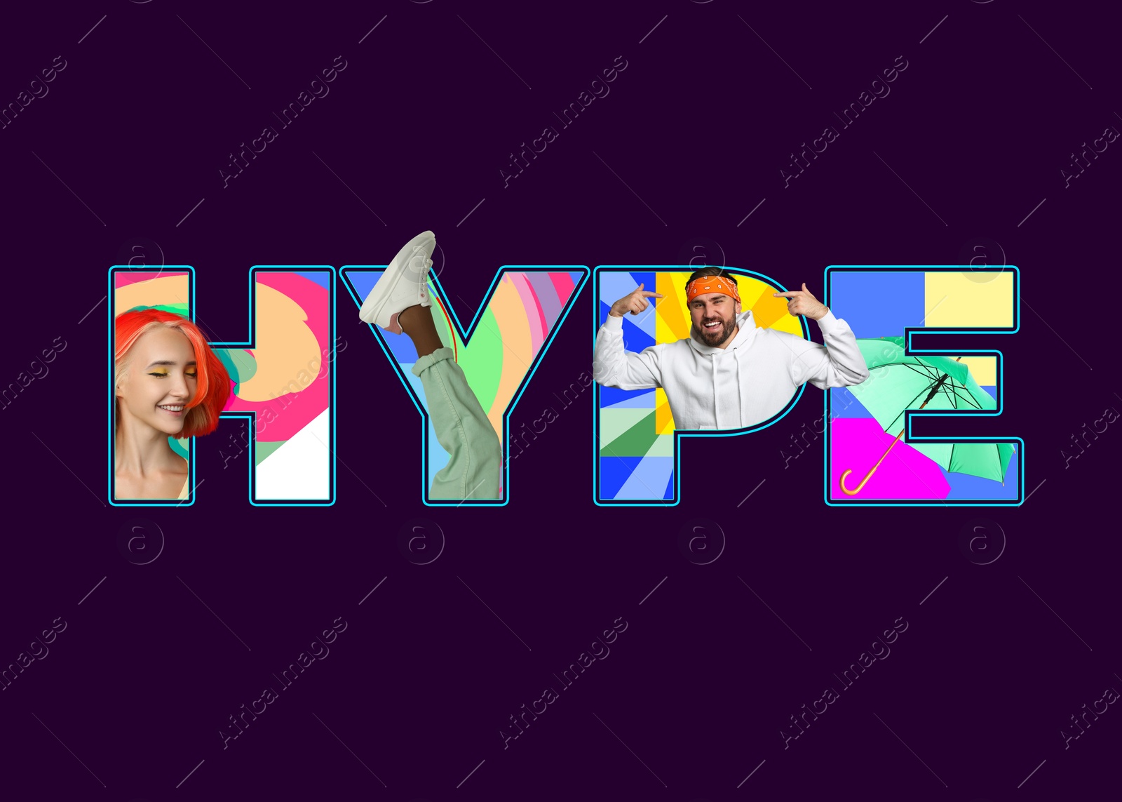 Image of Word Hype with photos of stylish people and green umbrella inside. Creative artwork on dark purple background