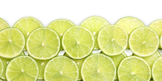 Photo of Fresh sliced ripe limes on white background, top view