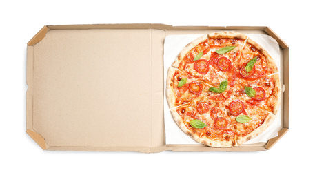 Photo of Delicious hot pizza Margherita in box isolated on white, top view