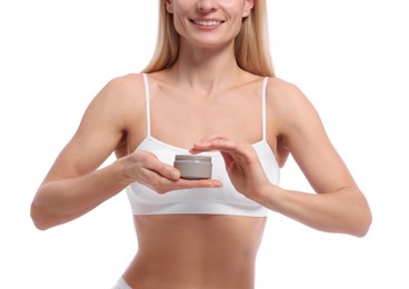 Photo of Woman with jar of body cream on white background, closeup