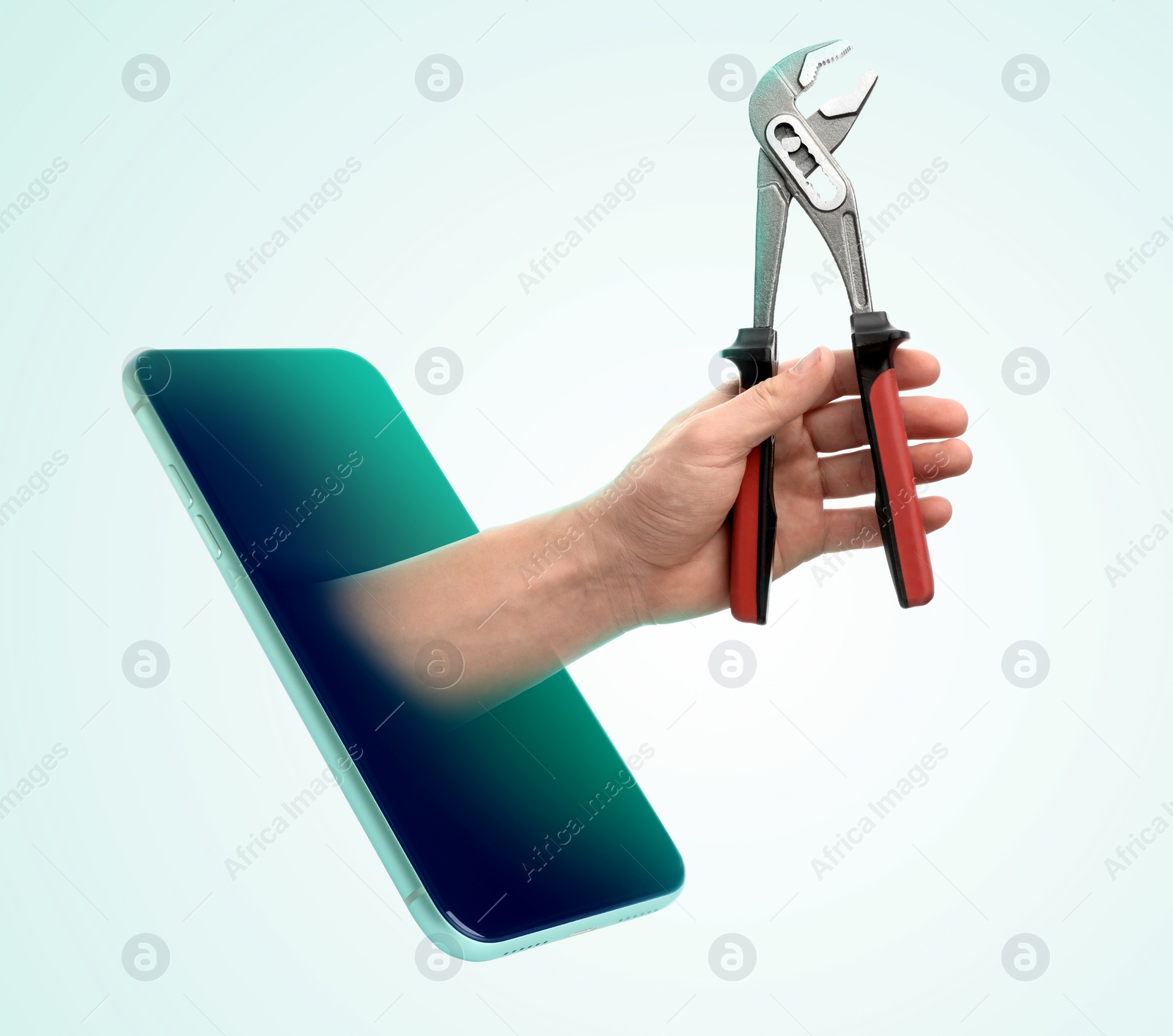 Image of Repair service - just call. Closeup view of man with tool and smartphone on light background