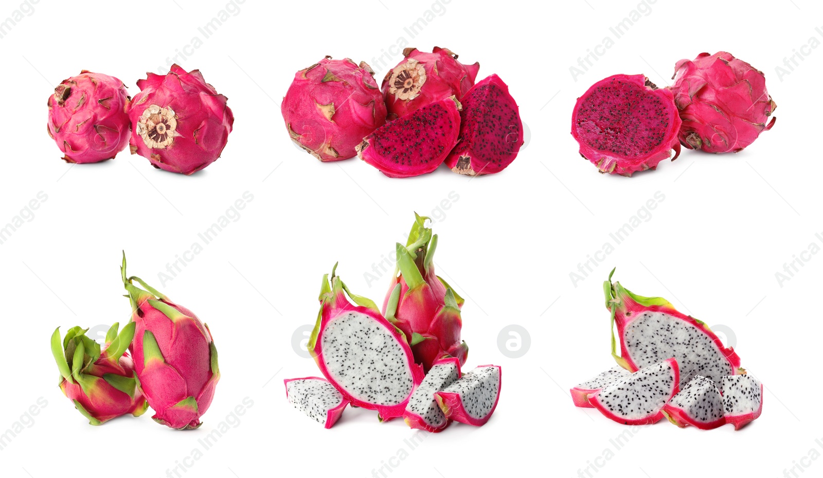 Image of Set with delicious pink dragon fruits (pitahaya) on white background 