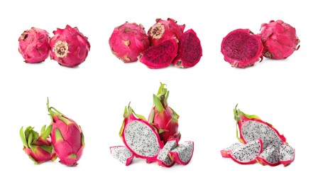 Image of Set with delicious pink dragon fruits (pitahaya) on white background 