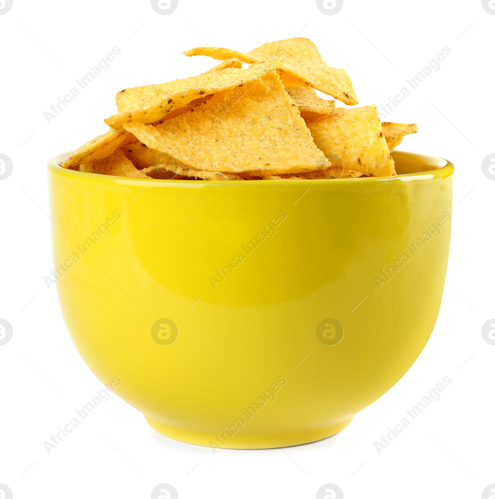 Photo of Yellow bowl with tasty Mexican nachos chips on white background