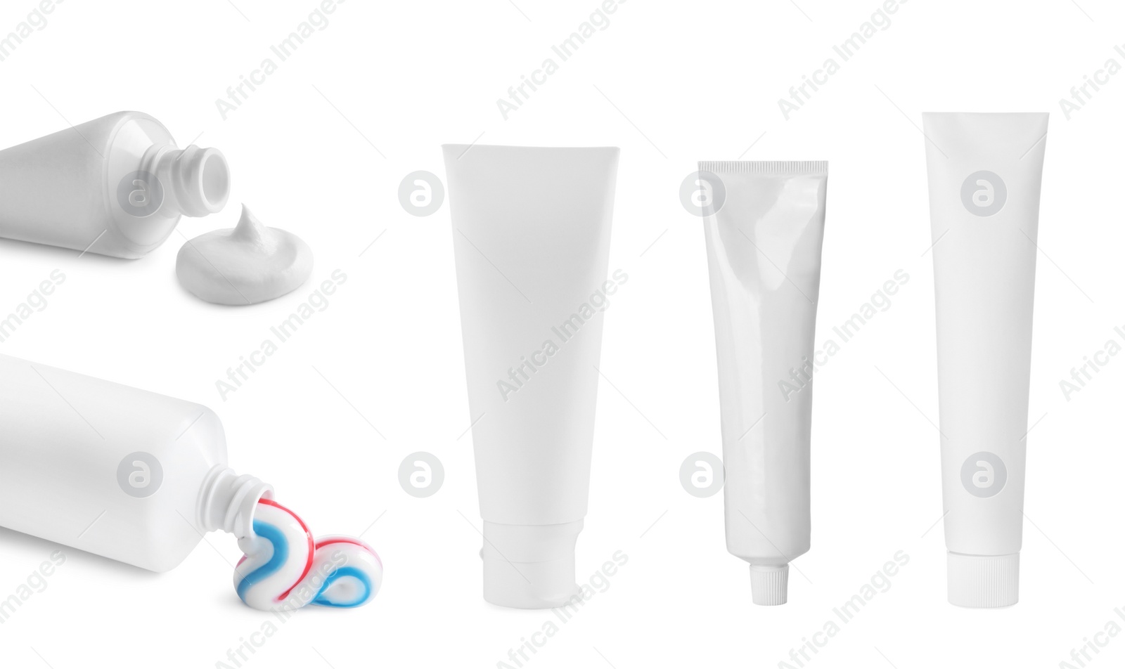 Image of Collage with different toothpastes on white background