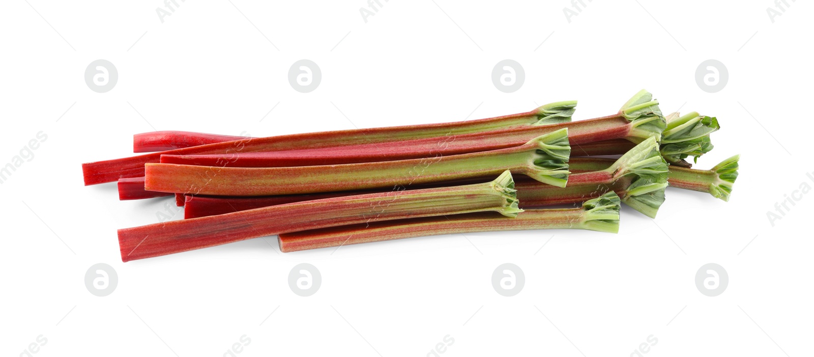 Photo of Heap of fresh rhubarb stalks isolated on white