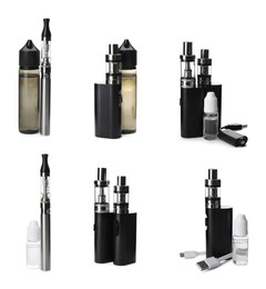 Image of Set with different electronic smoking devices on white background