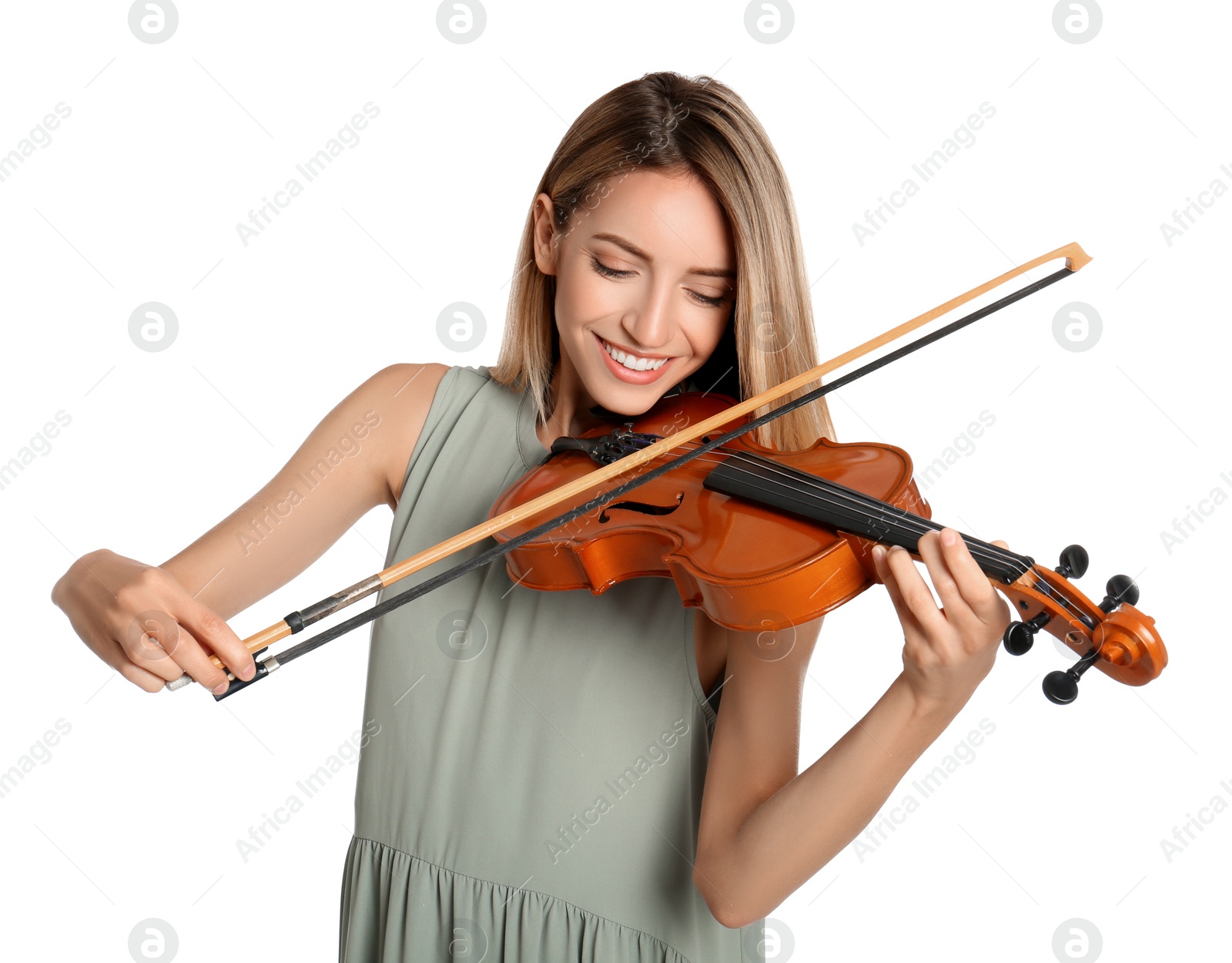 Photo of Beautiful woman playing violin on white background