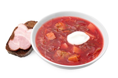 Tasty borscht and bread with ham isolated on white
