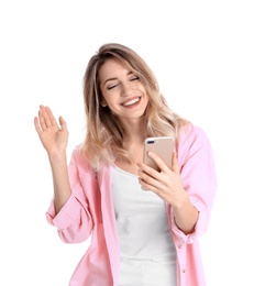 Photo of Woman using mobile phone for video chat isolated on white