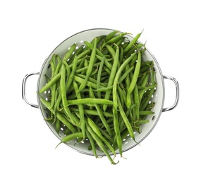 Photo of Fresh green beans in colander isolated on white, top view