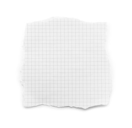 Photo of Piece of checkered notebook sheet isolated on white, top view