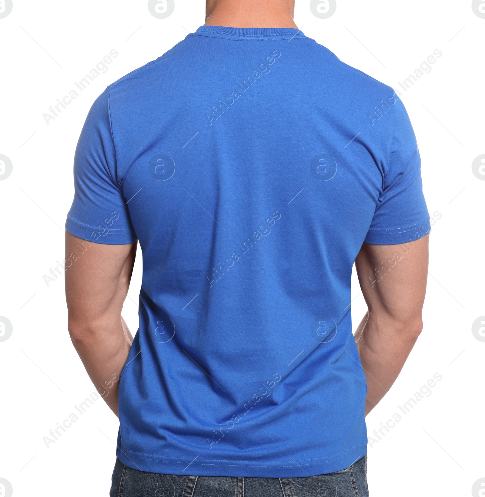 Photo of Man wearing blue t-shirt on white background, back view. Mockup for design