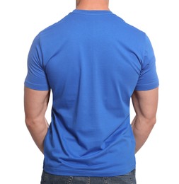 Photo of Man wearing blue t-shirt on white background, back view. Mockup for design