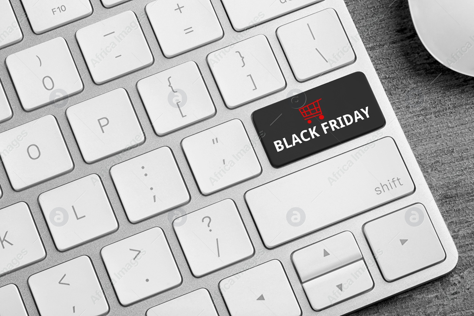 Image of Computer keyboard with Black Friday button, closeup. Online shopping 