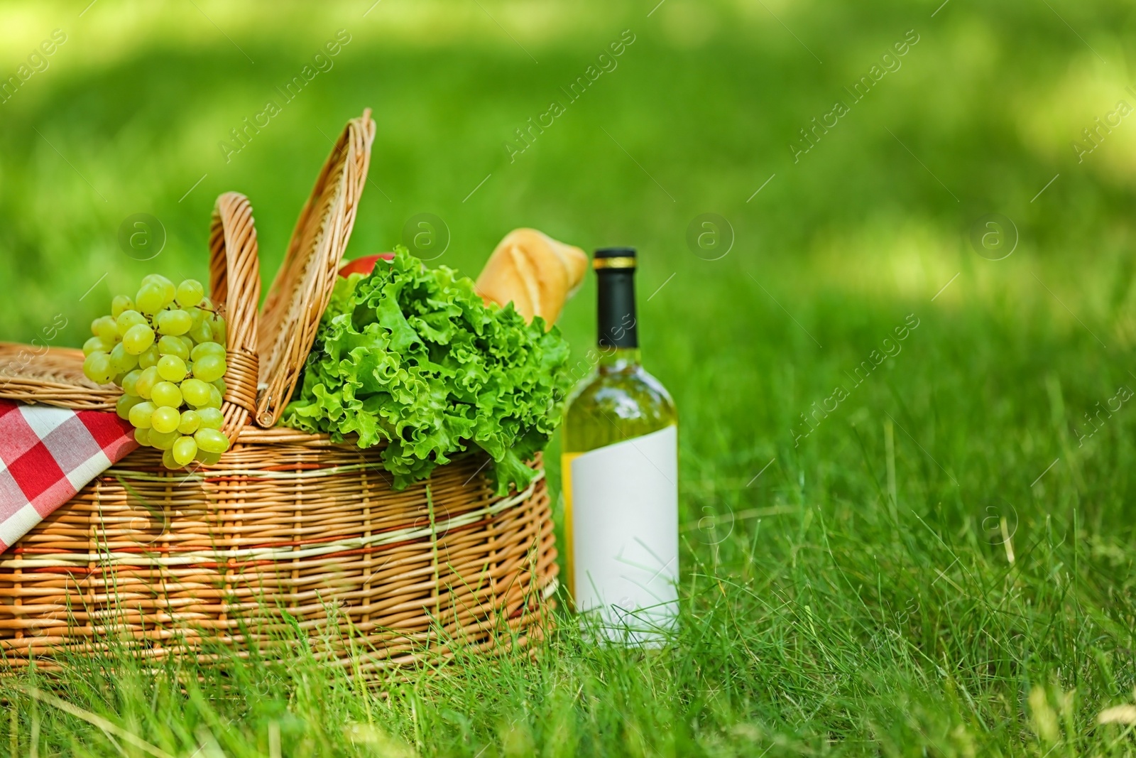 Photo of Wicker basket with blanket, wine and food on green grass in park, space for text. Summer picnic