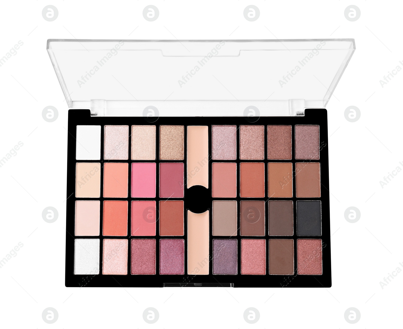 Photo of Beautiful eye shadow palette isolated on white, top view