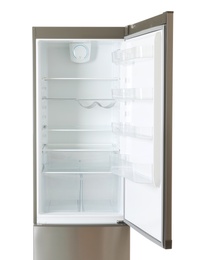 Photo of Modern refrigerator with open door on white background