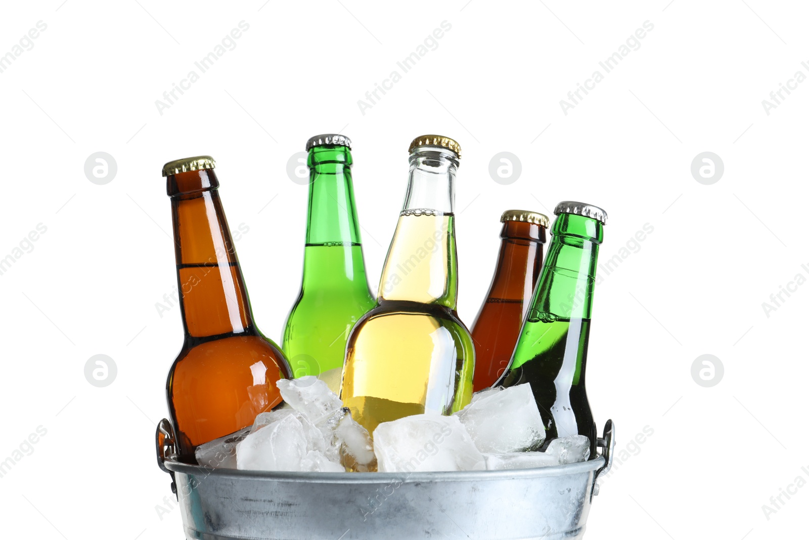 Photo of Bottles with different types of beer and ice in metal bucket on white background