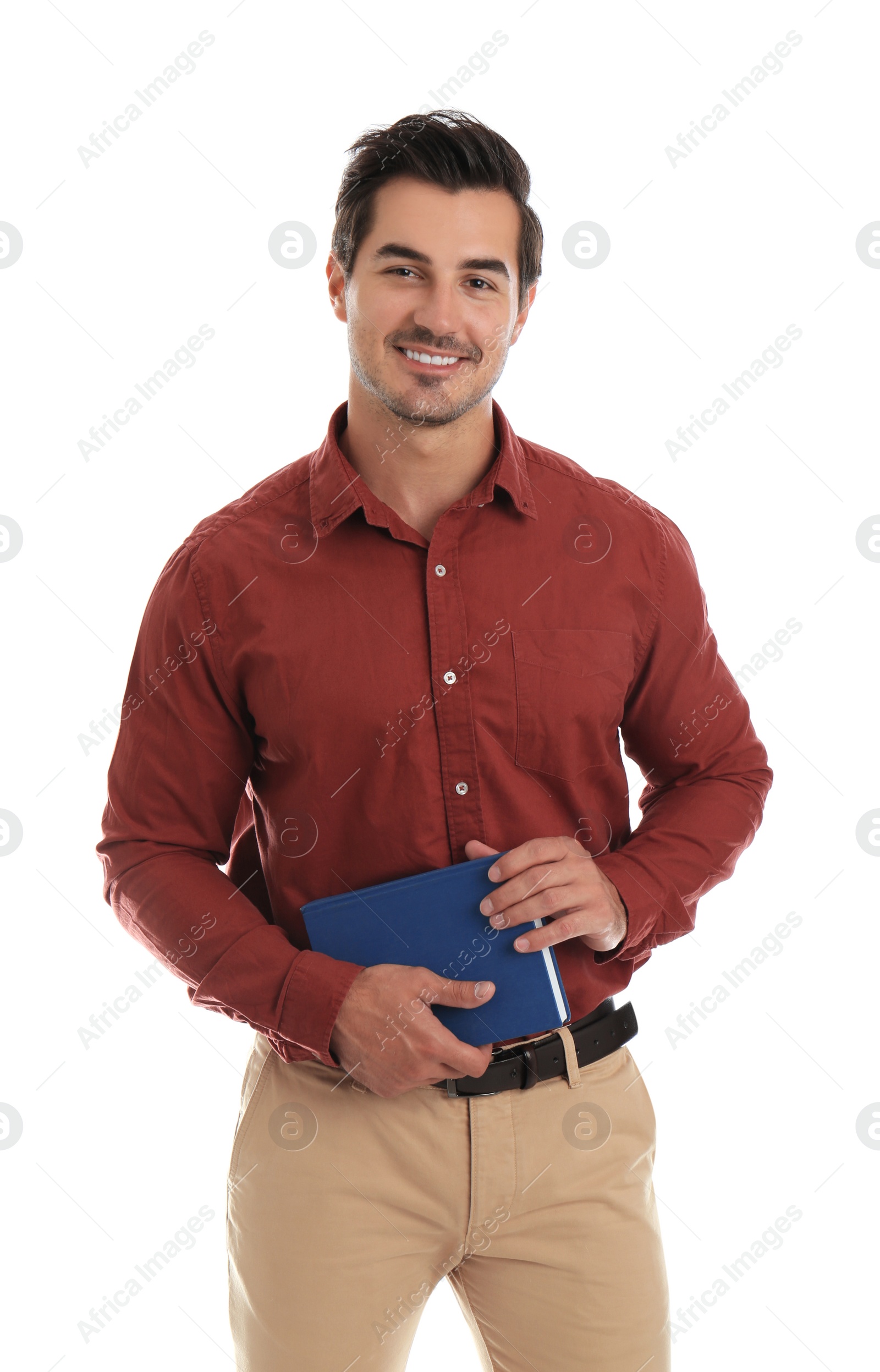 Photo of Young male teacher with book on white background