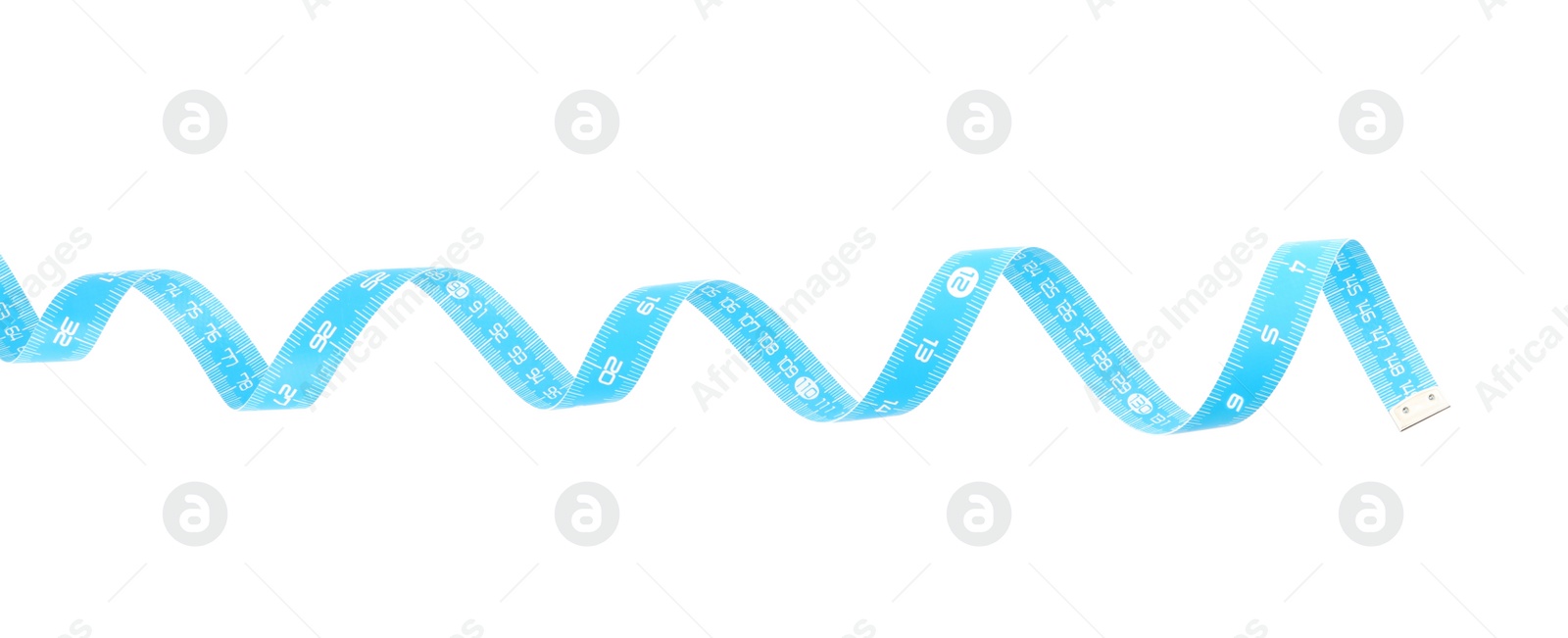 Photo of Light blue measuring tape isolated on white, top view