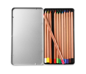 Photo of Box with many colorful pastel pencils isolated on white, top view. Drawing supplies