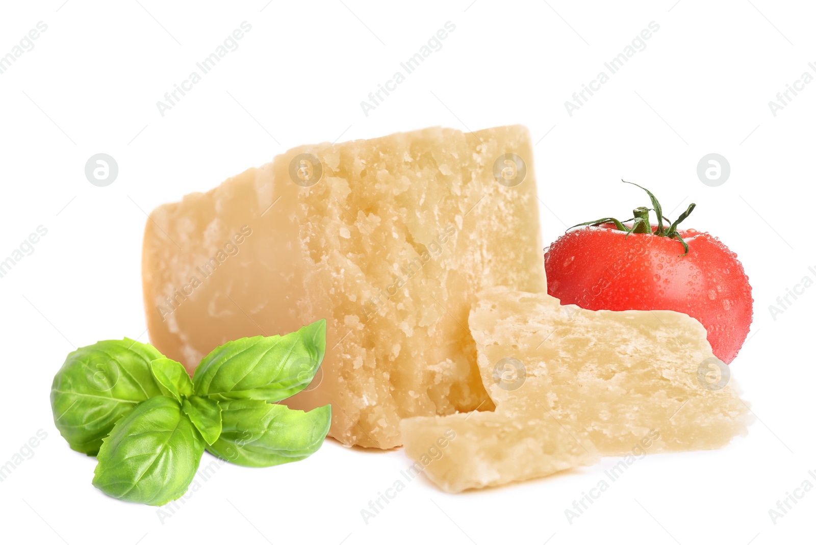 Image of Delicious parmesan cheese, tomato and basil on white background