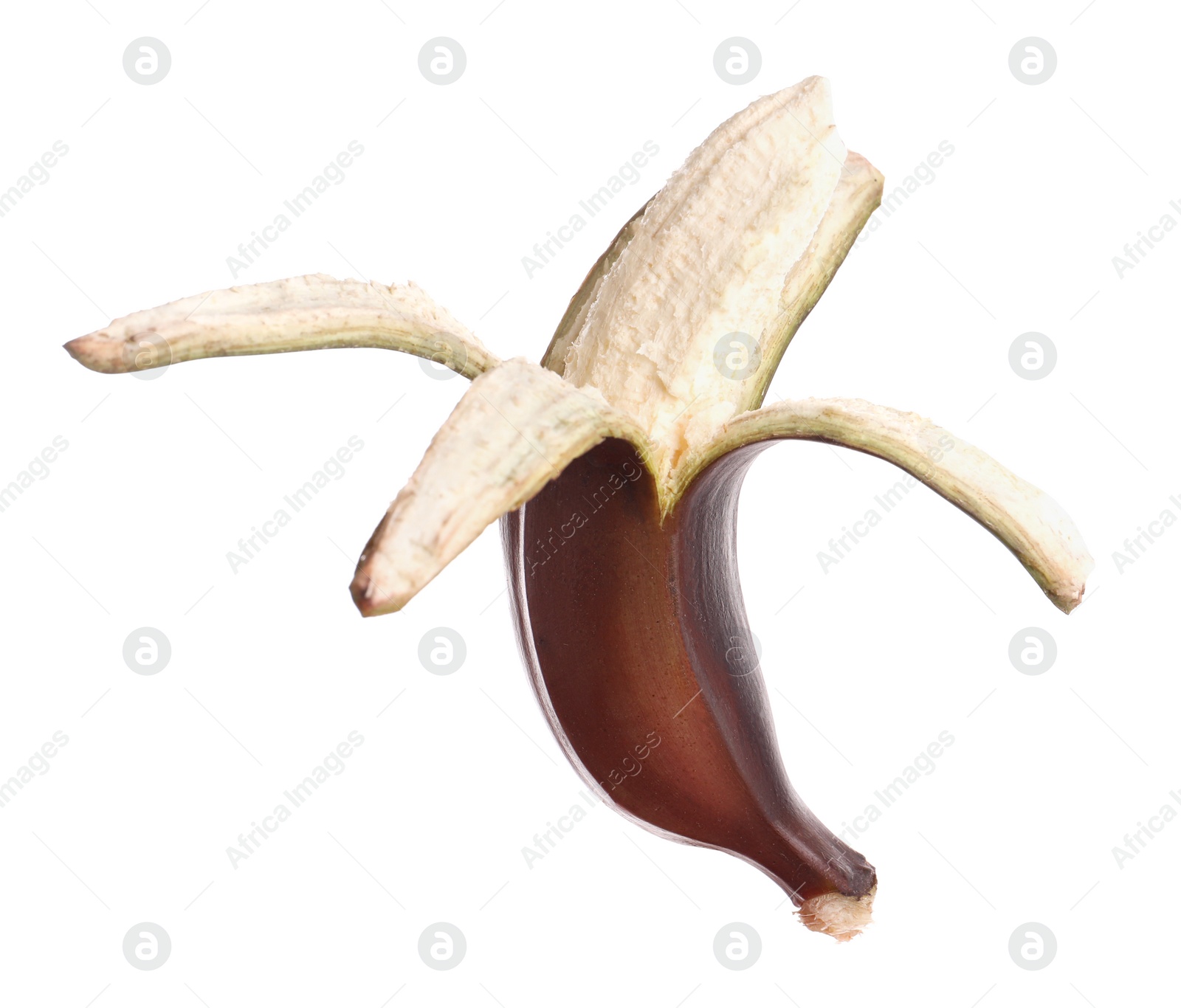 Photo of Tasty peeled red baby banana isolated on white