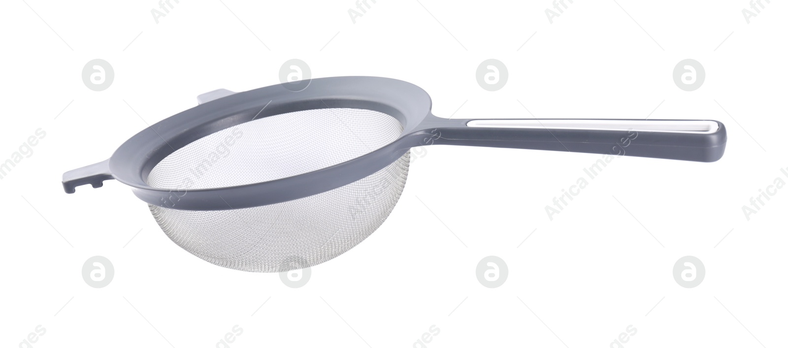 Photo of One metal sieve isolated on white. Kitchen utensil