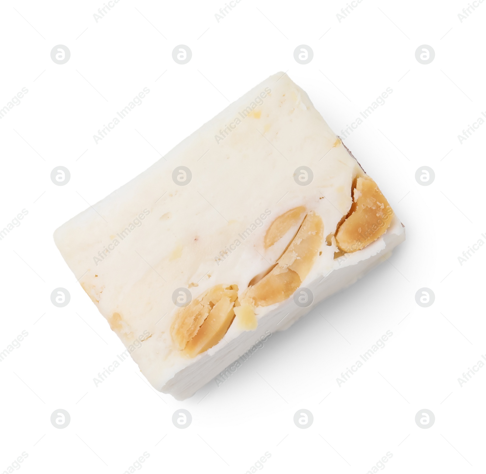 Photo of Piece of delicious nougat on white background, top view