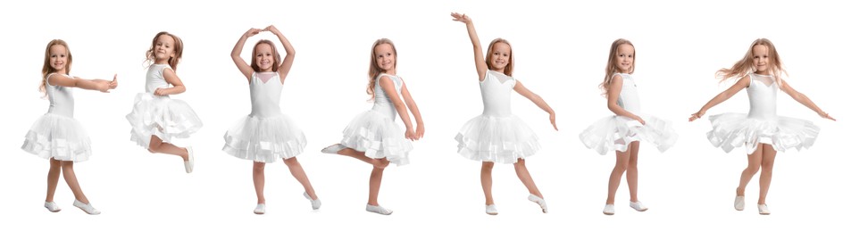 Image of Cute little girl in beautiful dress dancing on white background, set of photos