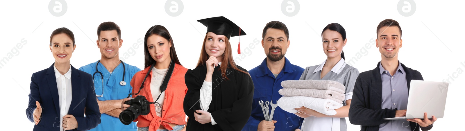 Image of Career choice. People of different professions on white background, banner design