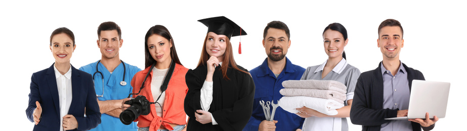 Career choice. People of different professions on white background, banner design