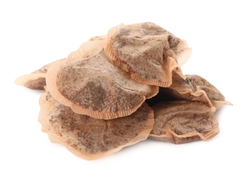 Photo of Many used tea bags on white background