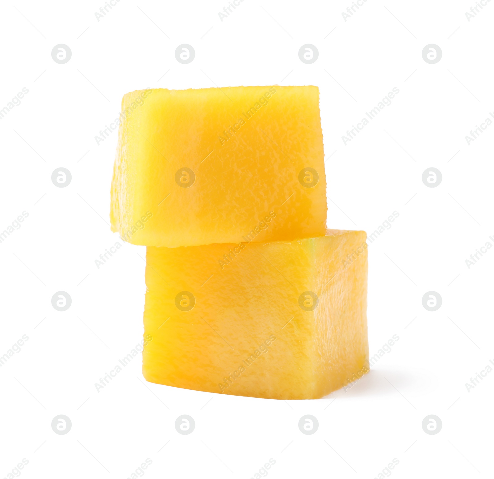 Photo of Fresh juicy mango cubes isolated on white