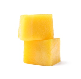 Photo of Fresh juicy mango cubes isolated on white