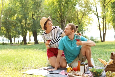 Happy couple with glasses of wine sitting on lawn. Summer picnic