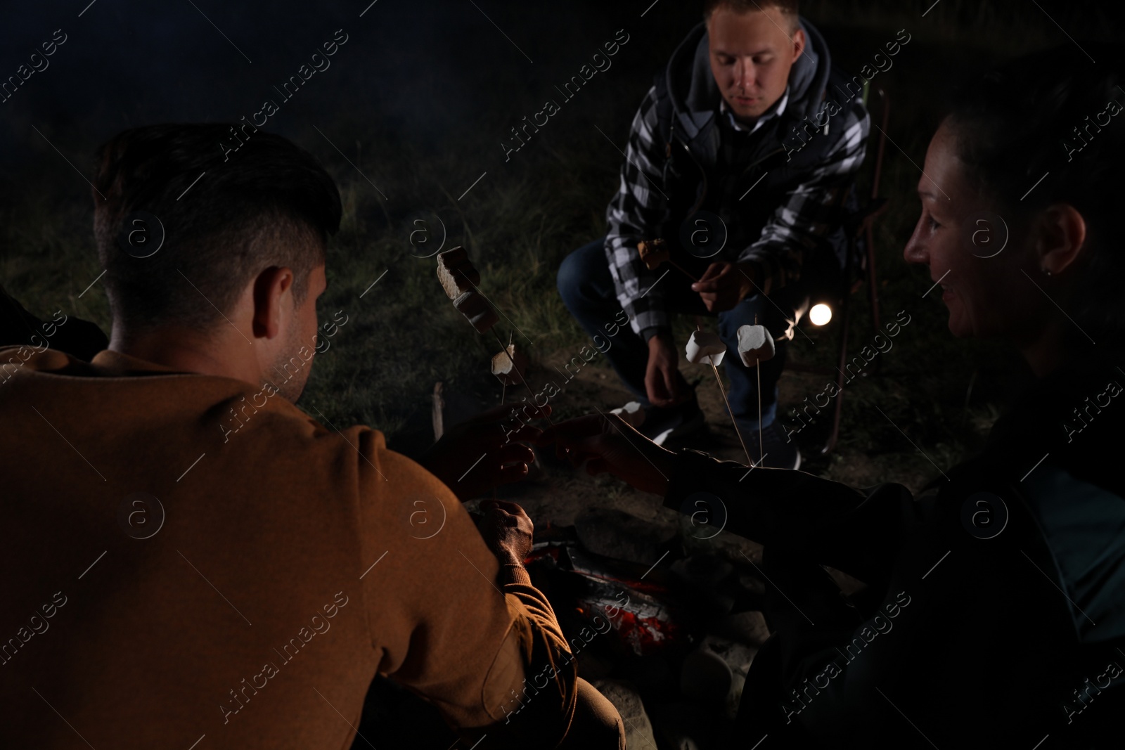 Photo of Group of friends roasting marshmallows on bonfire at camping site in evening