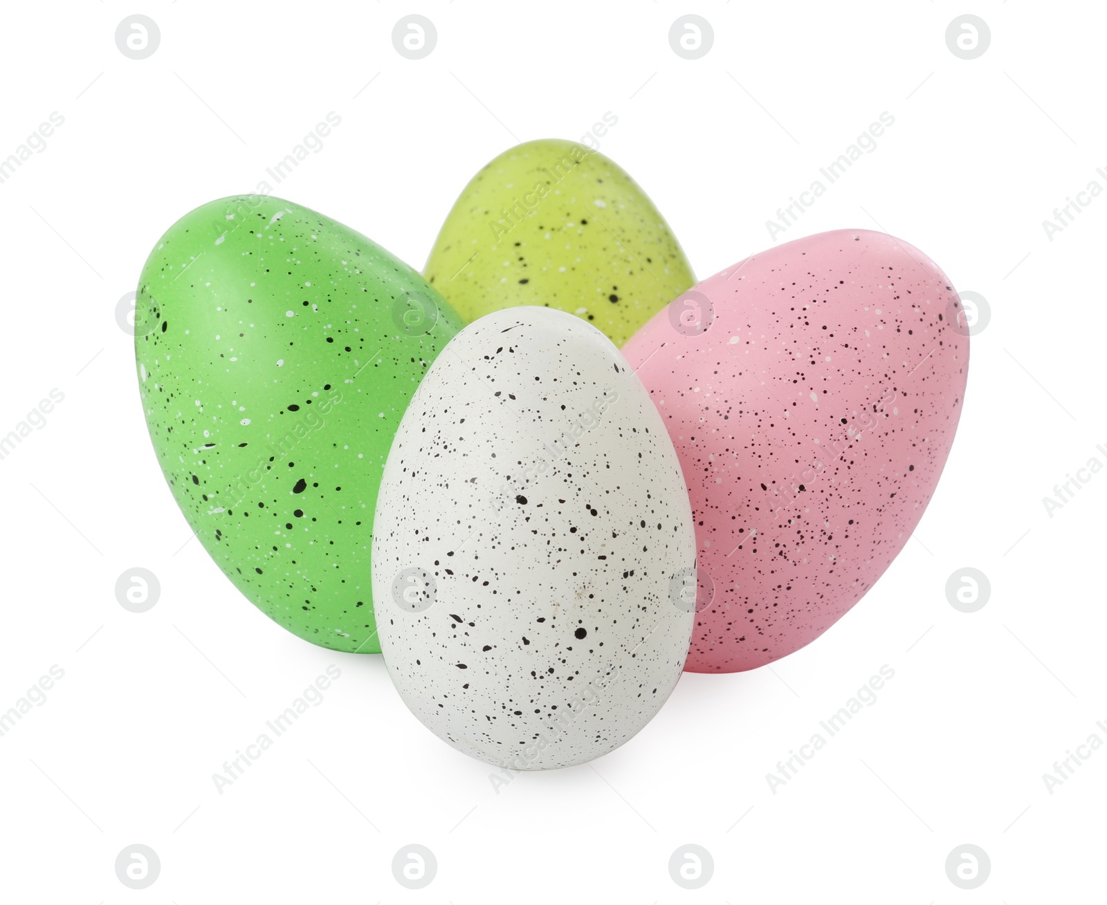 Photo of Many colorful painted eggs on white background