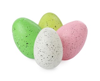 Photo of Many colorful painted eggs on white background