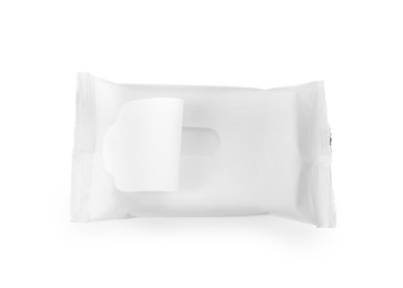 Open wet wipes flow pack isolated on white, top view