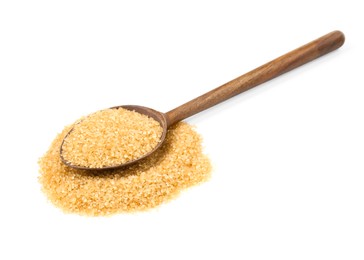 Photo of Pile of brown sugar and wooden spoon isolated on white