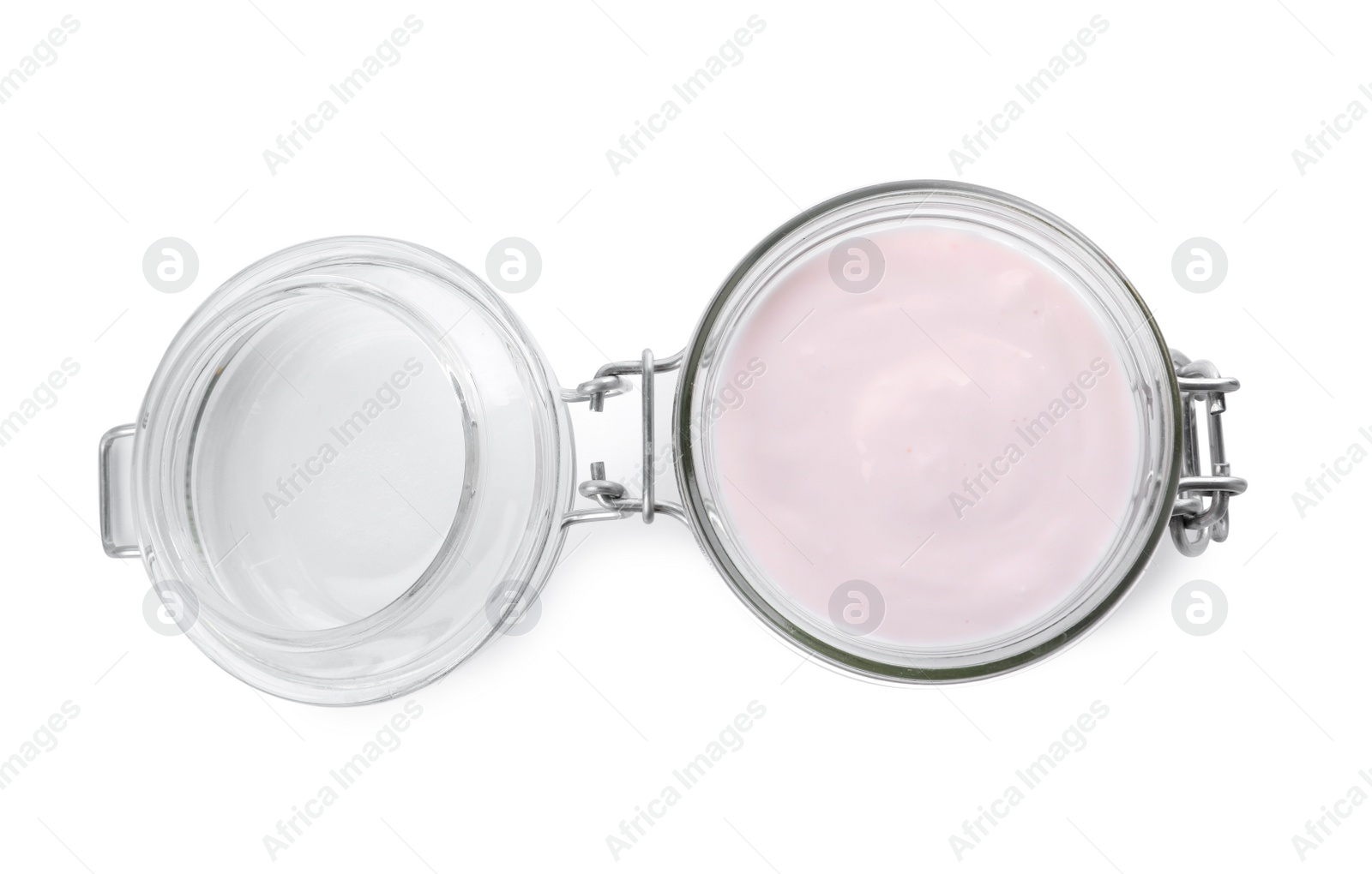 Photo of Jar of tasty organic yogurt isolated on white, top view