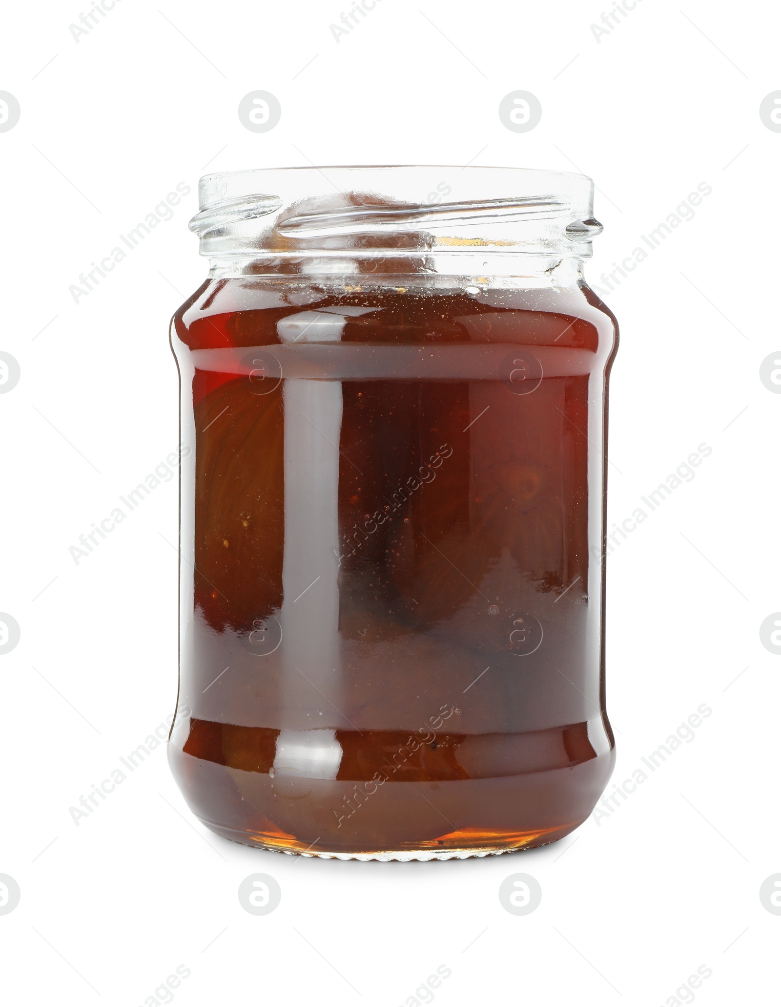 Photo of Jar of tasty sweet fig jam isolated on white