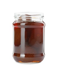 Jar of tasty sweet fig jam isolated on white