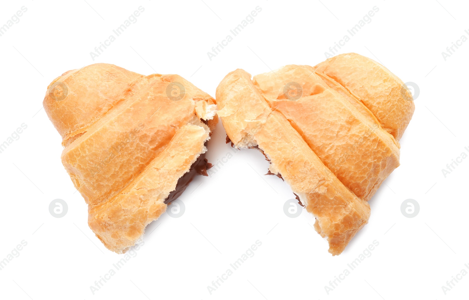 Photo of Tasty croissant with chocolate on white background