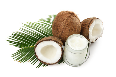 Photo of Composition with organic coconut oil on white background. Healthy cooking