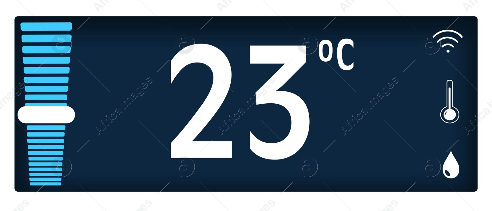 Illustration of Smart home system. Thermostat display showing ambient temperature in Celsius scale and different icons on white background