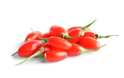 Photo of Fresh goji berries on white background. Healthy superfood