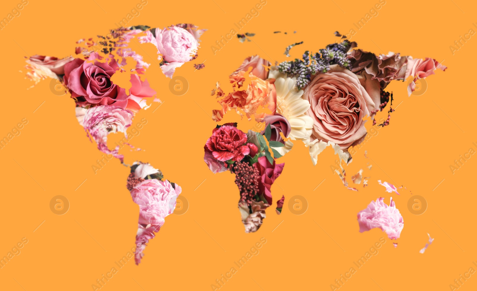 Image of World map made of beautiful flowers on orange background, banner design